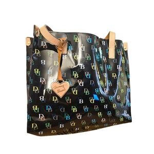 Dooney & Bourke Black Patent Multicolor DB Logo Tote with Tan Handles